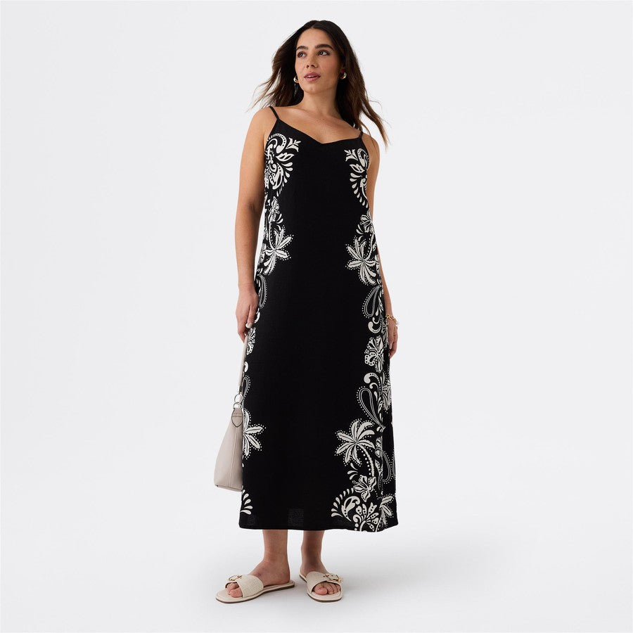&me Women's Paisley Palm Print Resort Slip Dress - Black