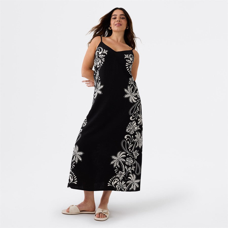 &me Women's Paisley Palm Print Resort Slip Dress - Black