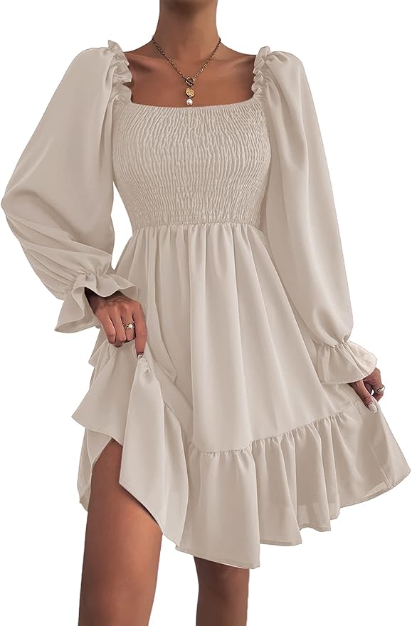 LYANER Women's Square Neck Lantern Long Sleeve Ruffle Shirred Flowy Party Mini Dress