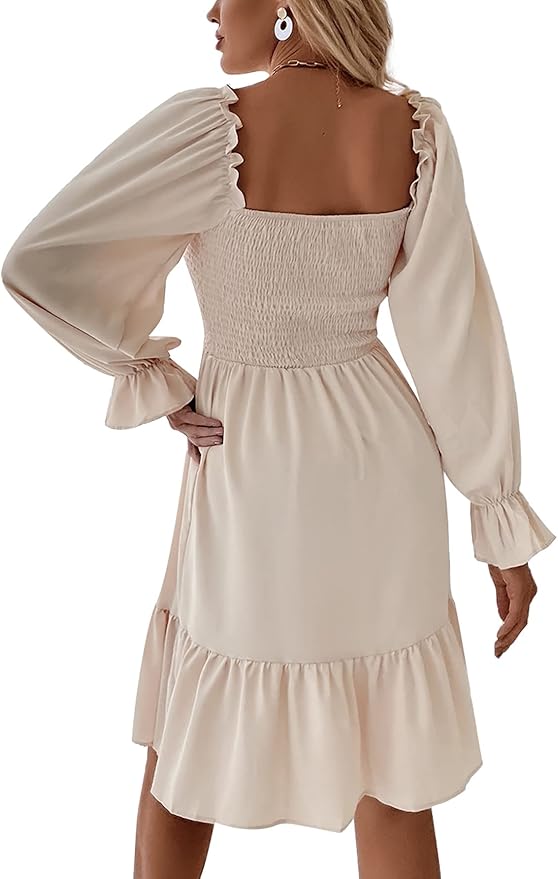 LYANER Women's Square Neck Lantern Long Sleeve Ruffle Shirred Flowy Party Mini Dress