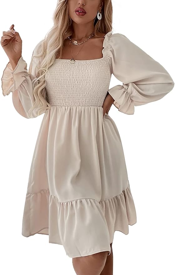 LYANER Women's Square Neck Lantern Long Sleeve Ruffle Shirred Flowy Party Mini Dress