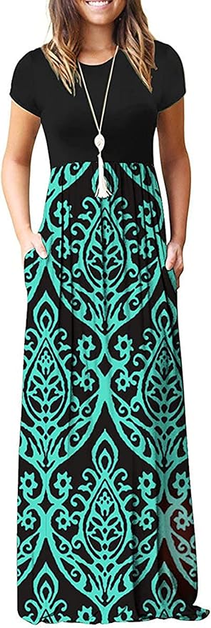 MISFAY Women Short Sleeve Loose Plain Maxi Dresses Casual Long Dresses Pockets