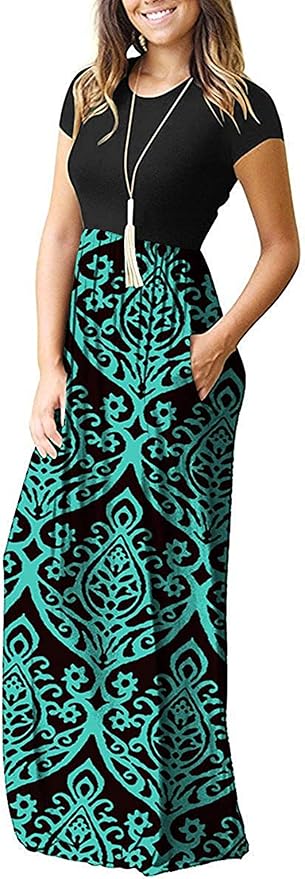 MISFAY Women Short Sleeve Loose Plain Maxi Dresses Casual Long Dresses Pockets